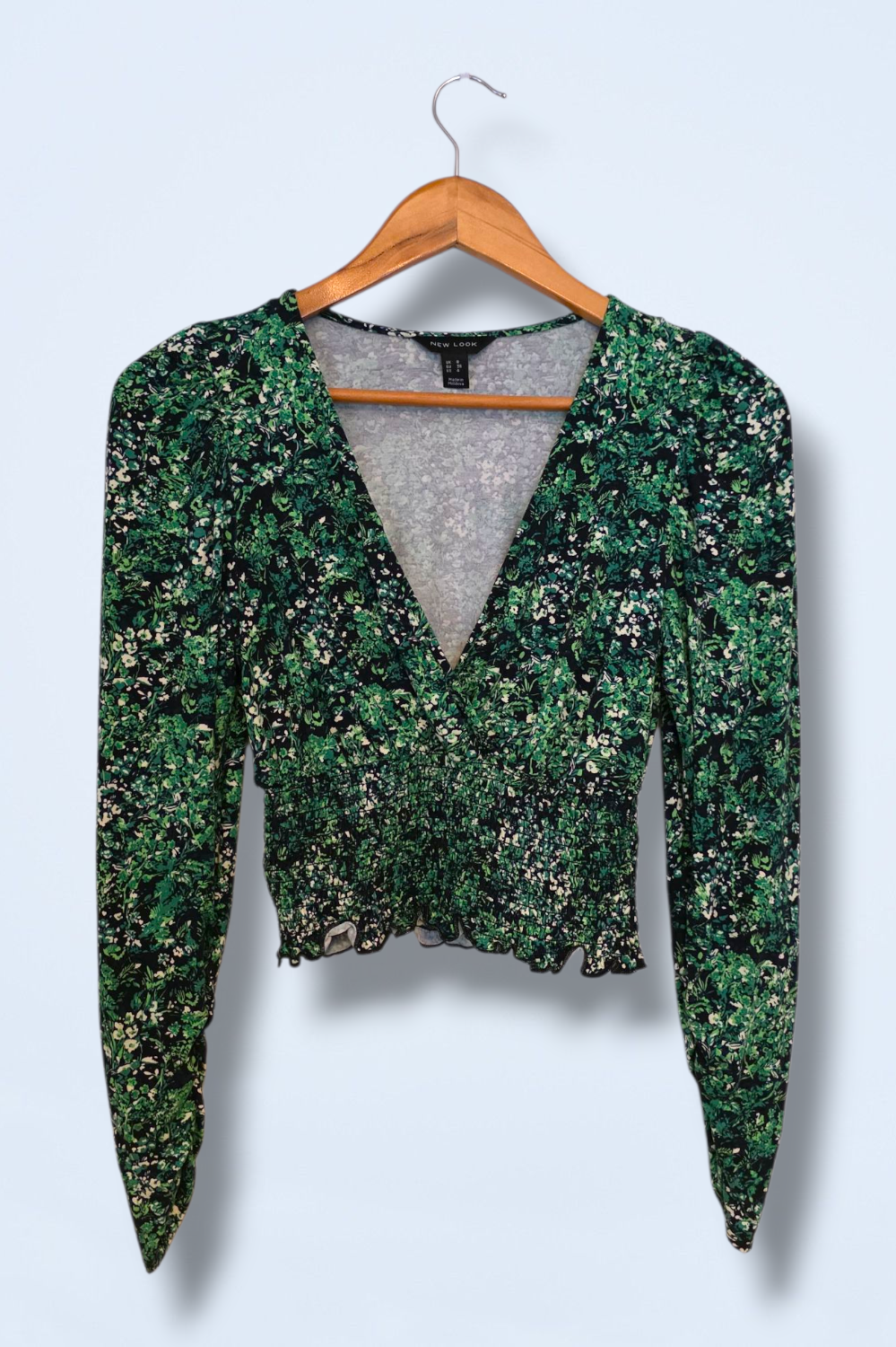 New Look Green Floral Crop Top Long Sleeves Size UK 8