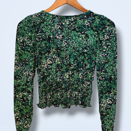 New Look Green Floral Crop Top Long Sleeves Size UK 8