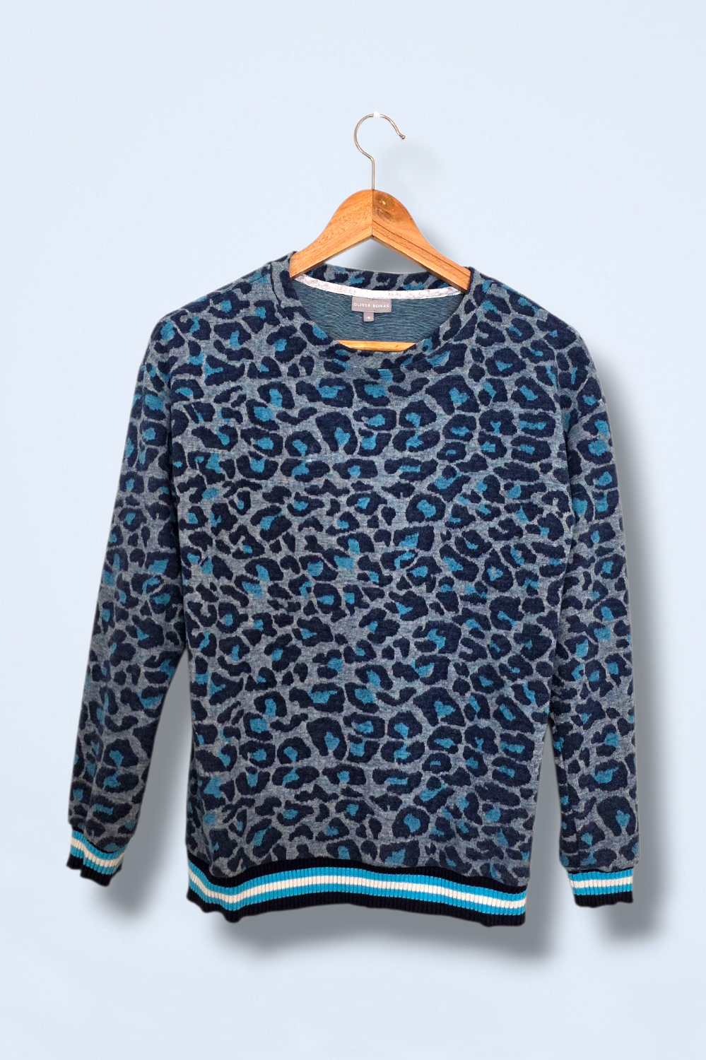 Oliver Bonas Blue Leopard Print Knitted Jumper Size 8