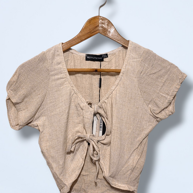 Pretty Little Thing – New UK 8 – Beige with Tied Front – Linen Blend