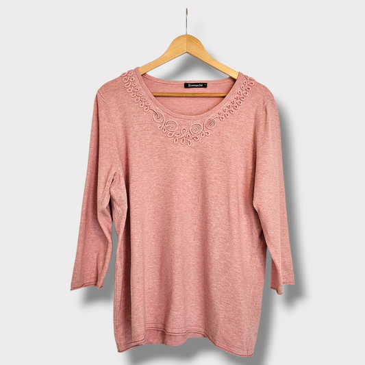 Bonmarché Pink Jumper – Size Large – Embroidered Neckline, 3/4 Sleeves
