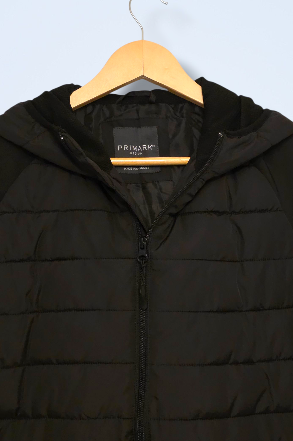 Black Quilted Primark Coat with Hood Size Medium Full Zip