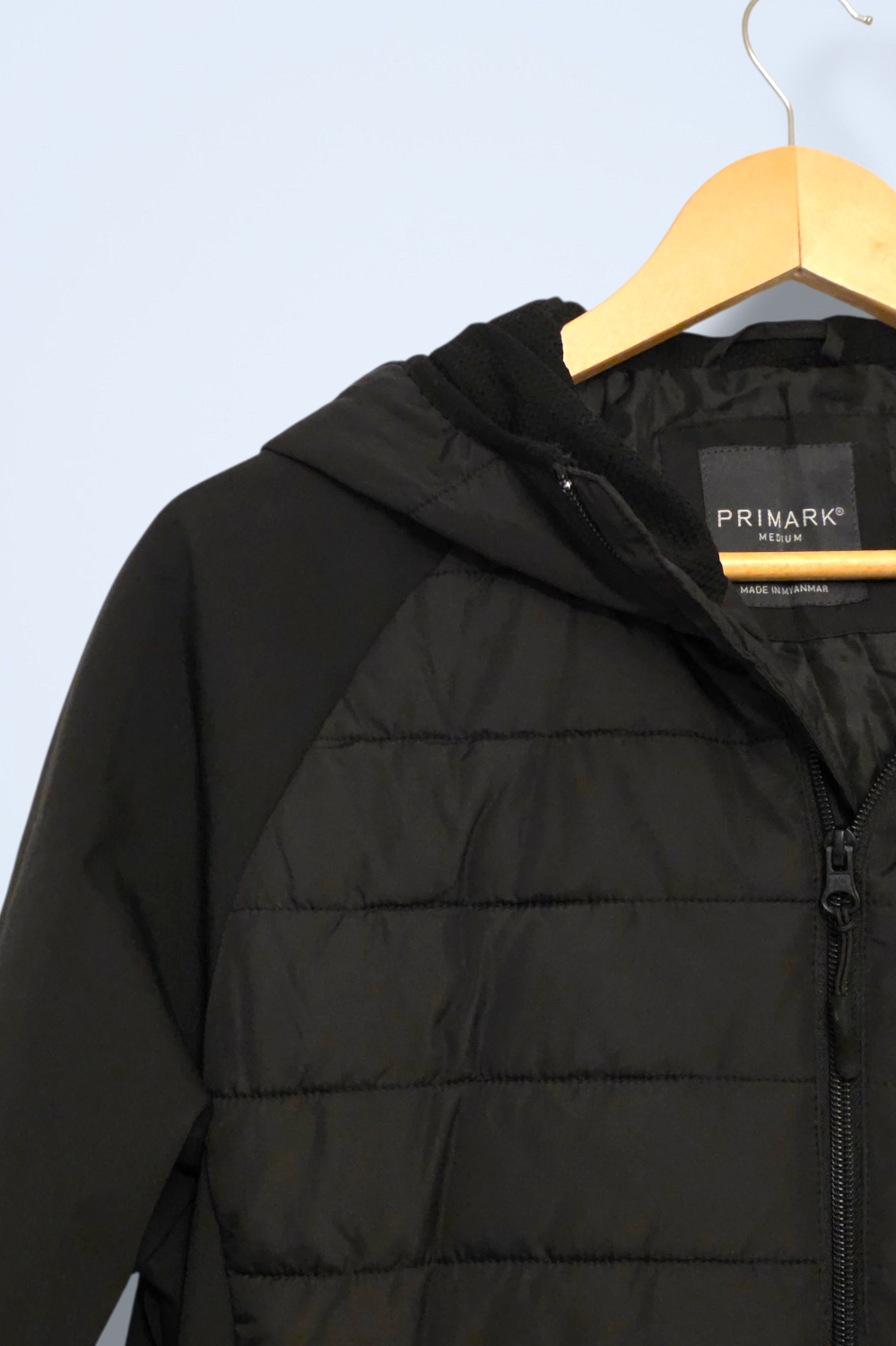 Black Quilted Primark Coat with Hood Size Medium Full Zip