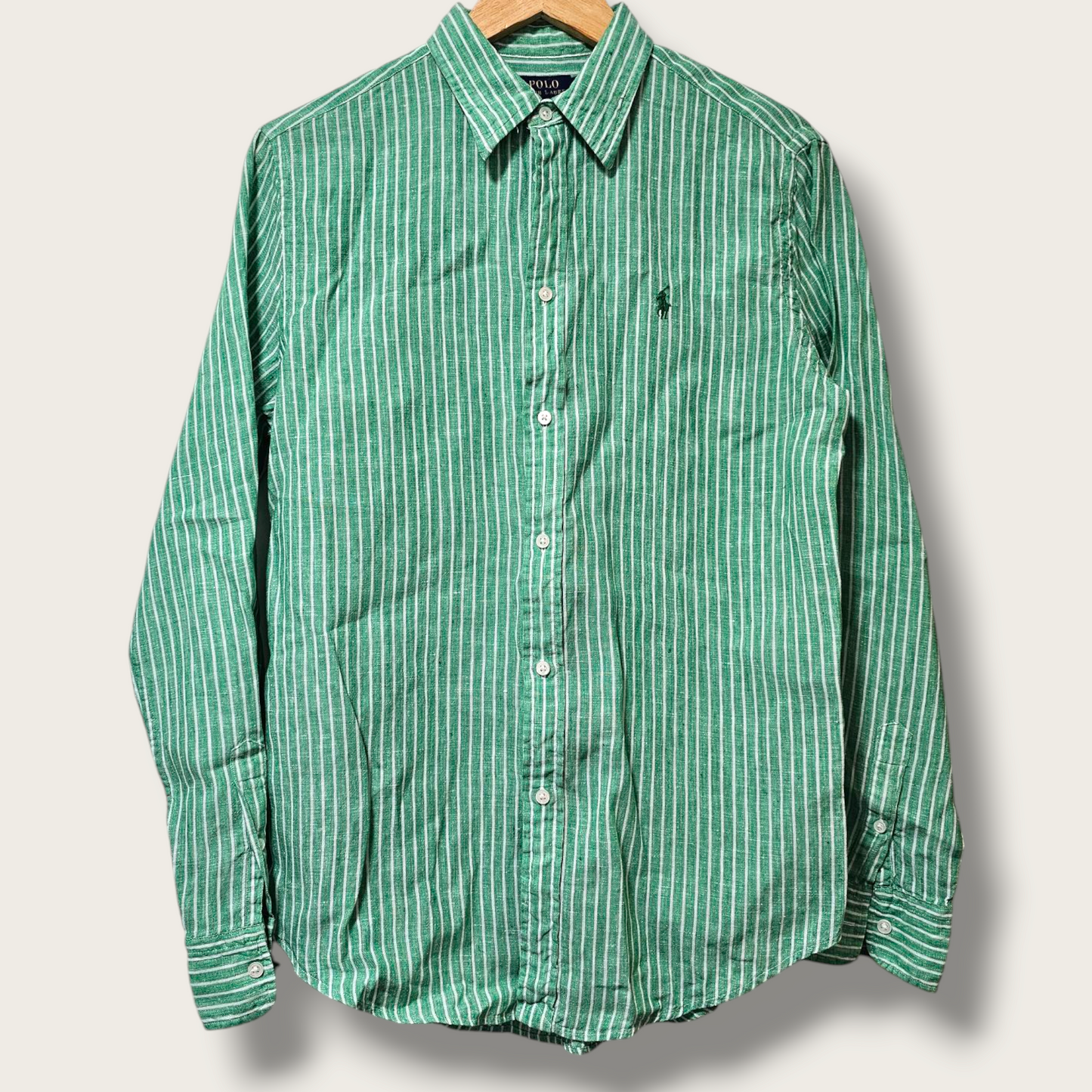 Green & White Pin-striped Long-sleeved Ralph Lauren Shirt Medium