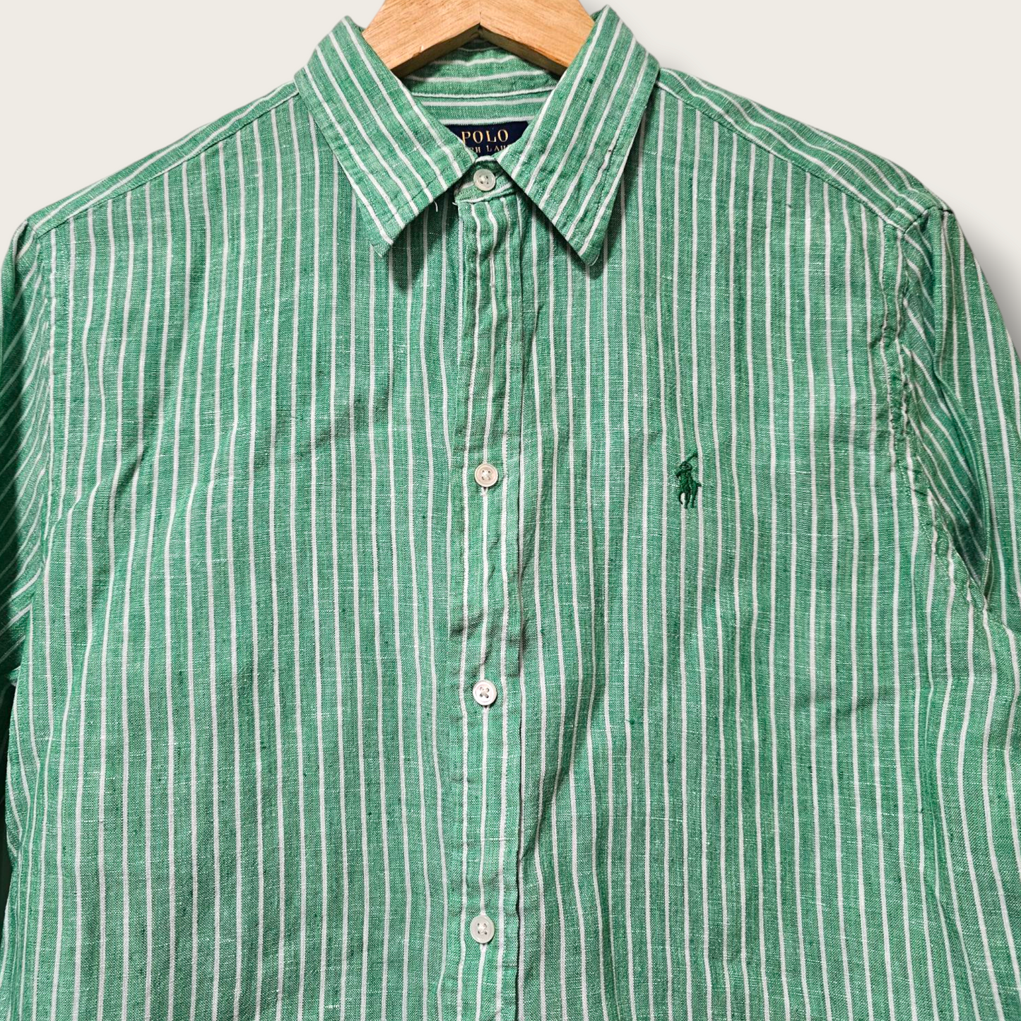 Green & White Pin-striped Long-sleeved Ralph Lauren Shirt Medium