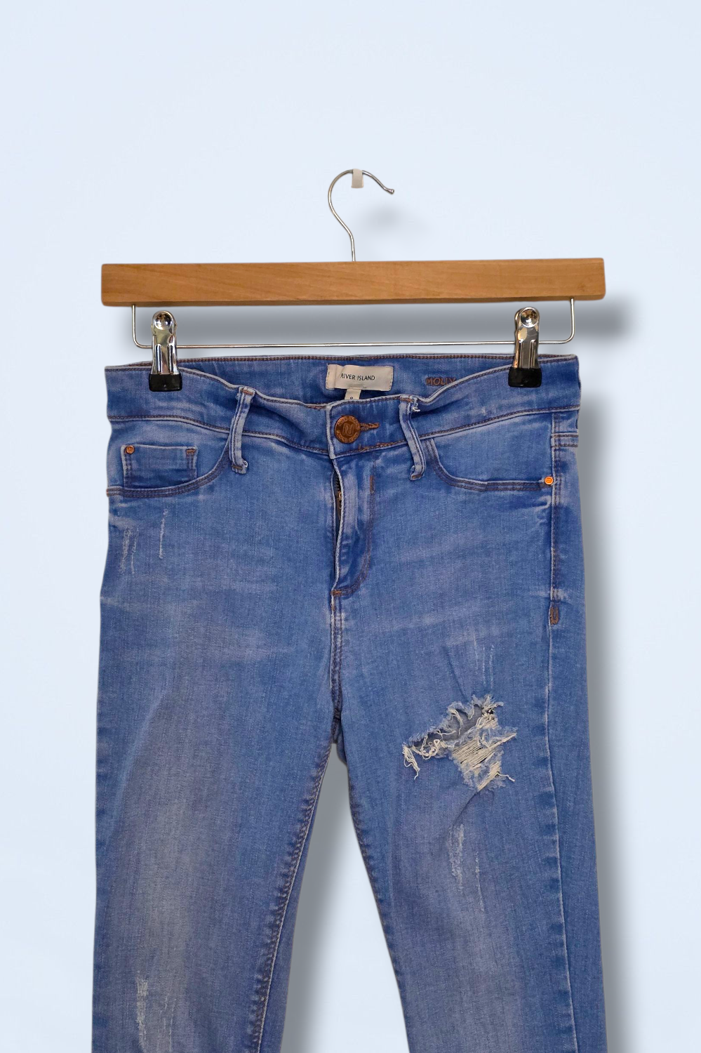 River Island Blue Skinny Mid-rise Ripped Jeans UK 8