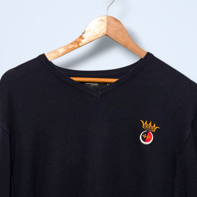 Russell Collection – Size Medium – Navy Long-sleeved V-Neck Sweater