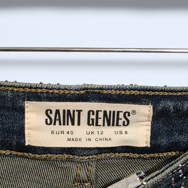 Saint Genies – NWT – Rhinestone Wide-leg Denim Jeans – Size UK 12