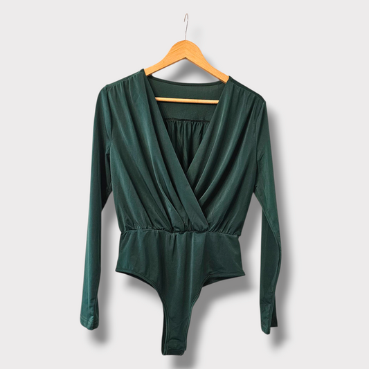 Shein Dark Green Wrap Bodysuit – Long Sleeve – V-Neck – Size S/M