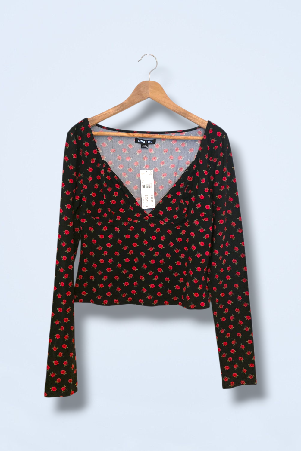 Silence + Noise New Rose Print Black Top Size XL V-Neck