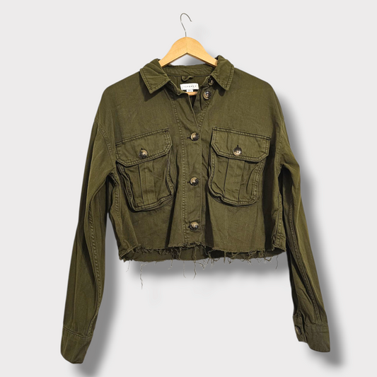 Topshop Cropped Khaki Denim Jacket – Frayed Hem – Size S – 100% Cotton