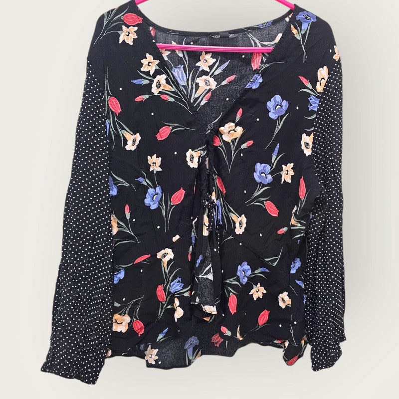 Topshop UK 14 Black Long-sleeved Floral Blouse