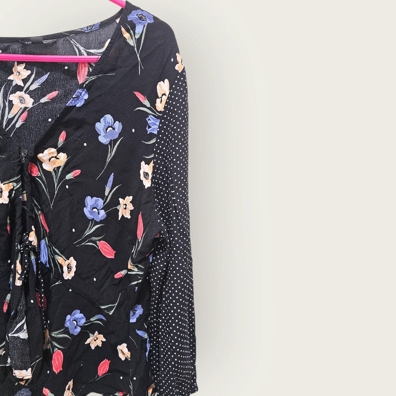 Topshop UK 14 Black Long-sleeved Floral Blouse