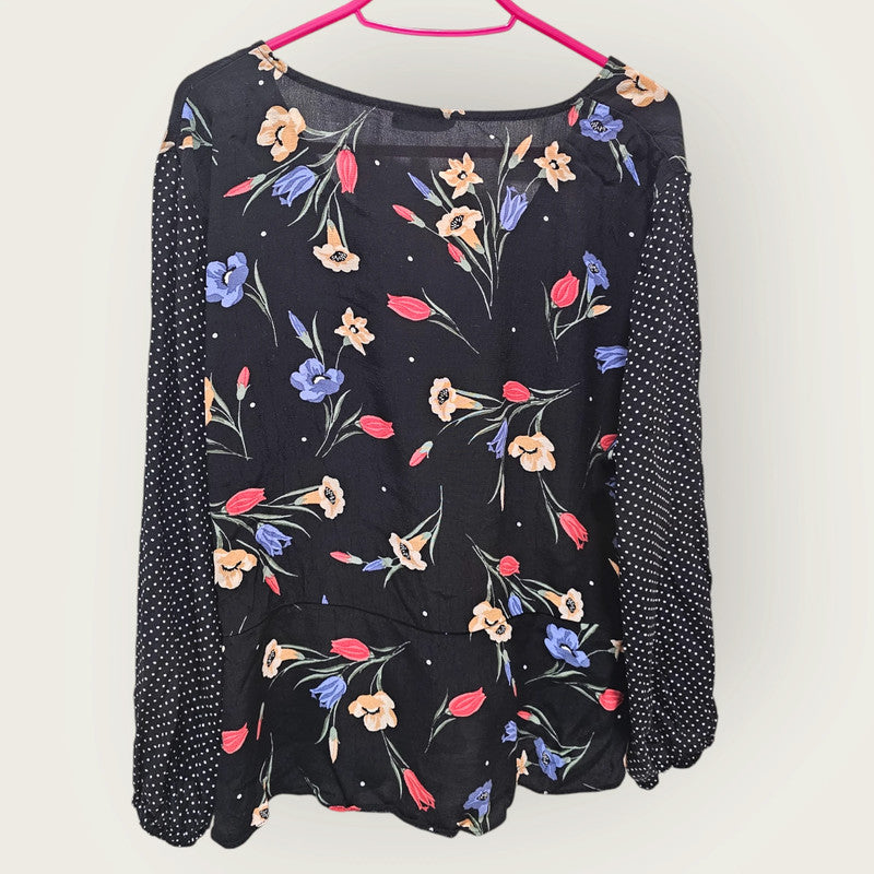 Topshop UK 14 Black Long-sleeved Floral Blouse