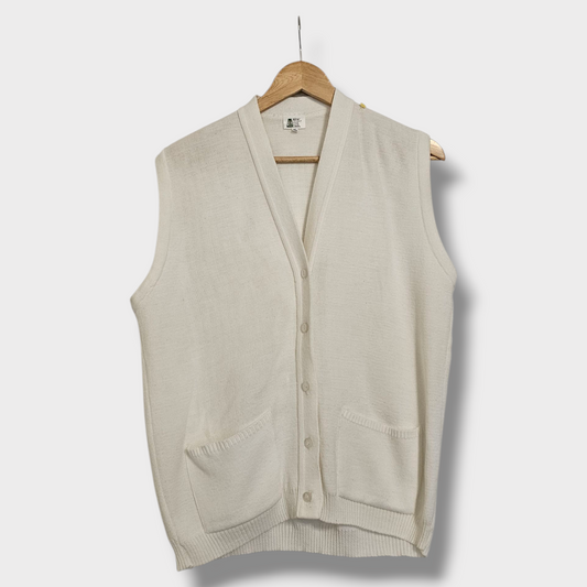 Vintage Sleeveless Knit Cardigan – Off-White, 44” Chest