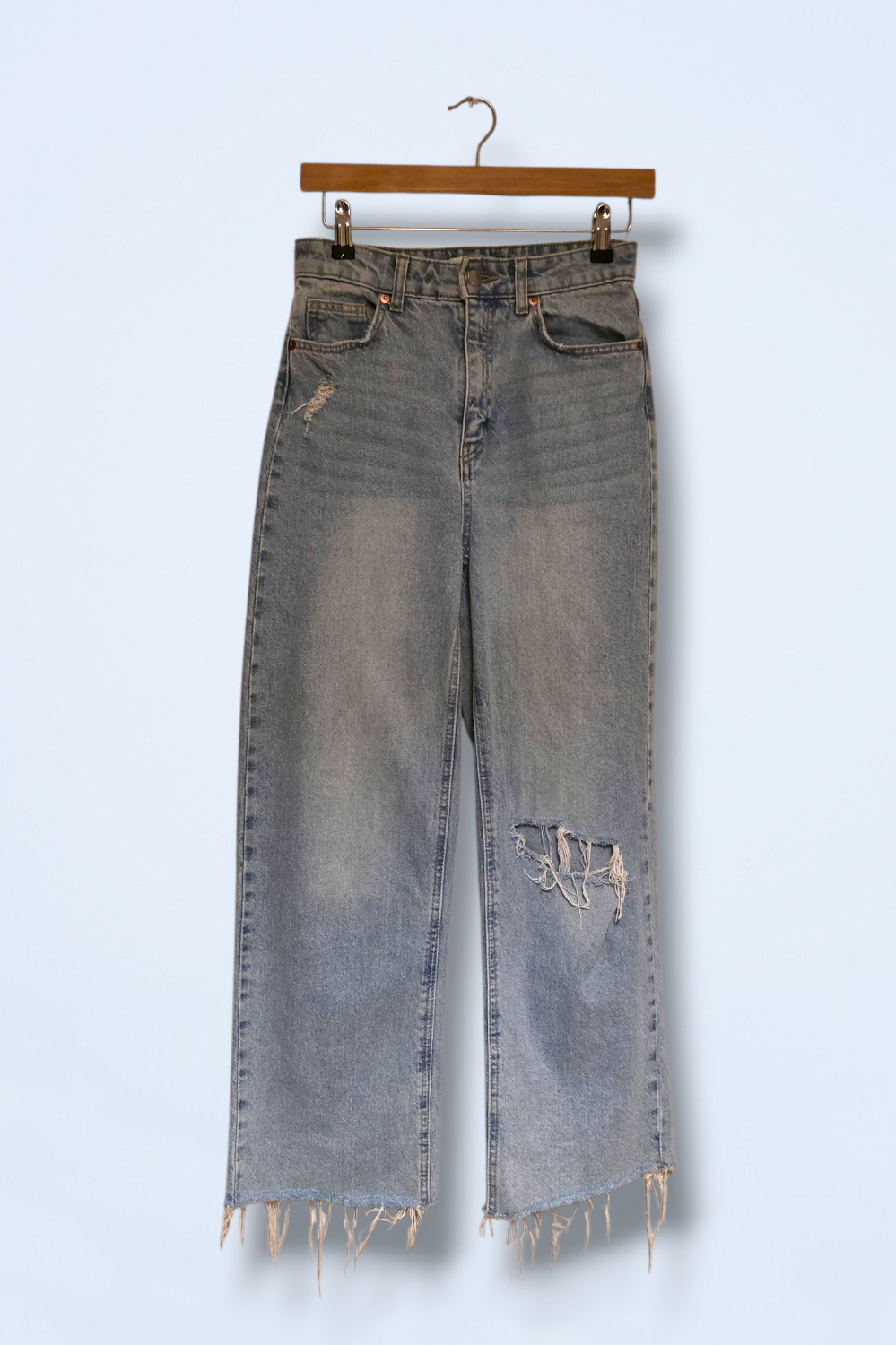 H&M Ripped Light Wash Denim Jeans Wide Leg UK 10