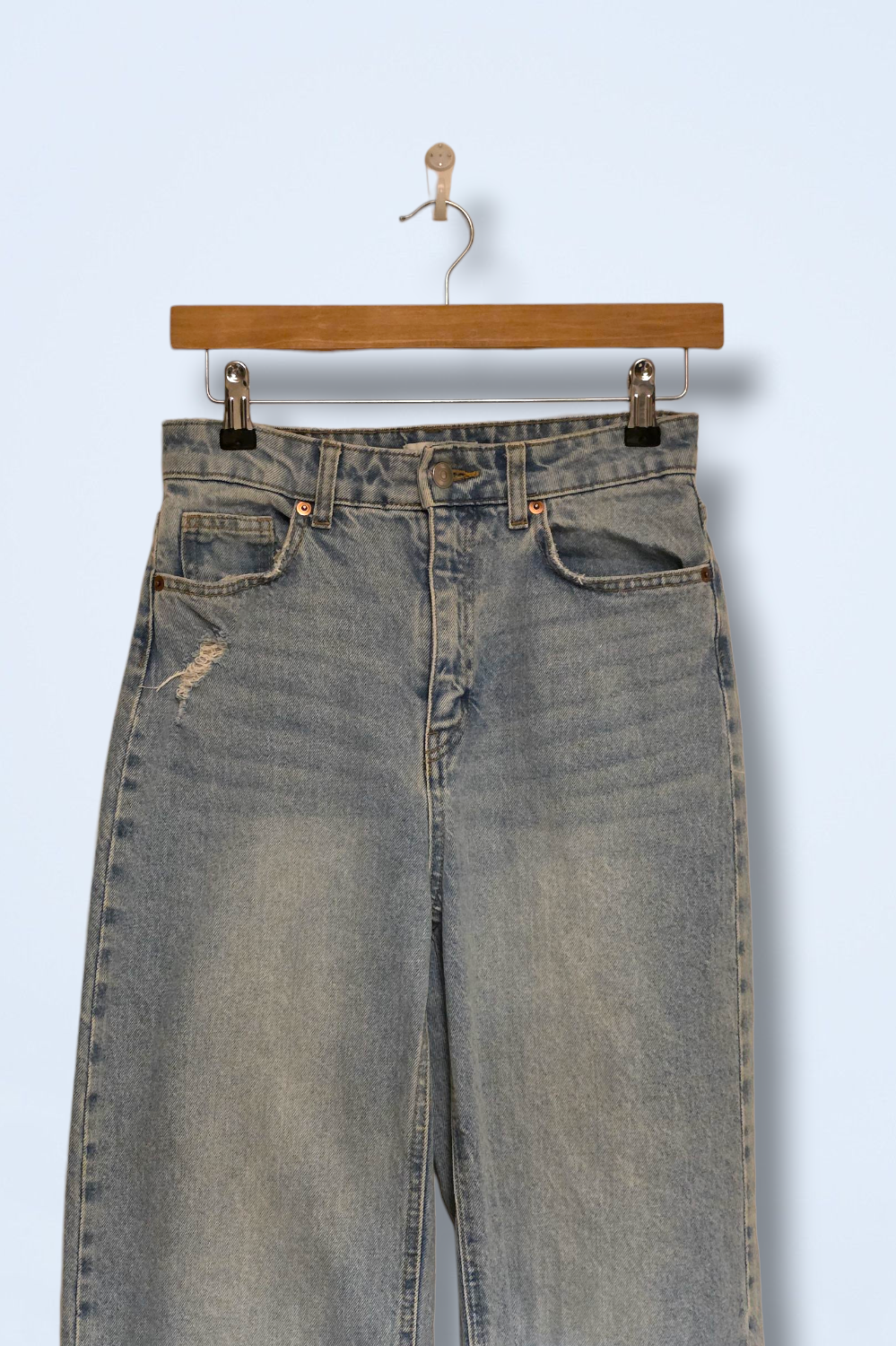 H&M Ripped Light Wash Denim Jeans Wide Leg UK 10