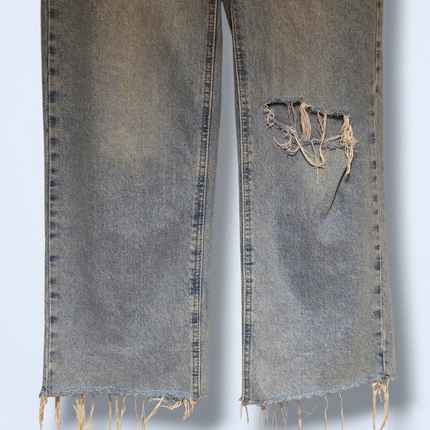 H&M Ripped Light Wash Denim Jeans Wide Leg UK 10