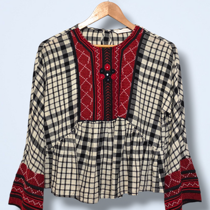 Zara Check Boho Blouse – Embroidered Detail – Size Small