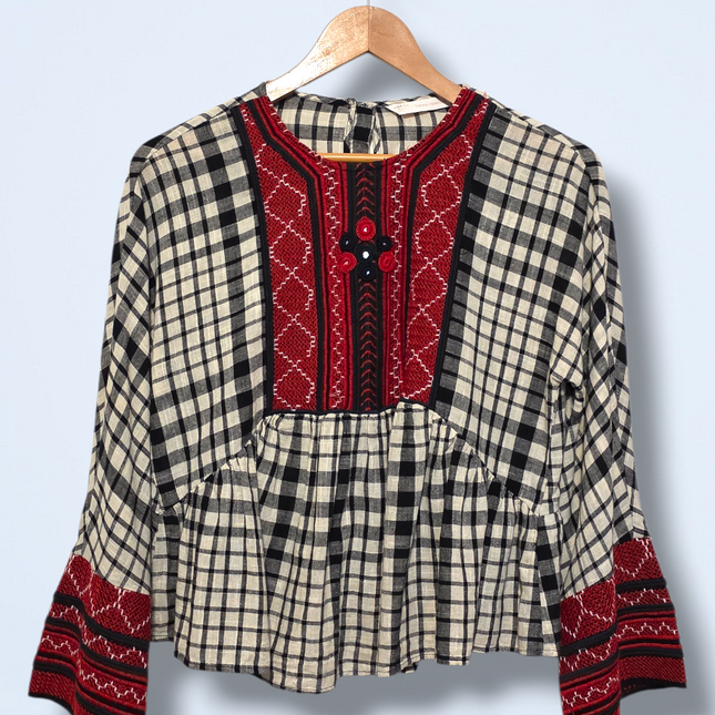 Zara Check Boho Blouse – Embroidered Detail – Size Small