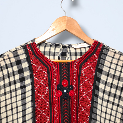 Zara Check Boho Blouse – Embroidered Detail – Size Small