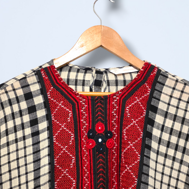 Zara Check Boho Blouse – Embroidered Detail – Size Small