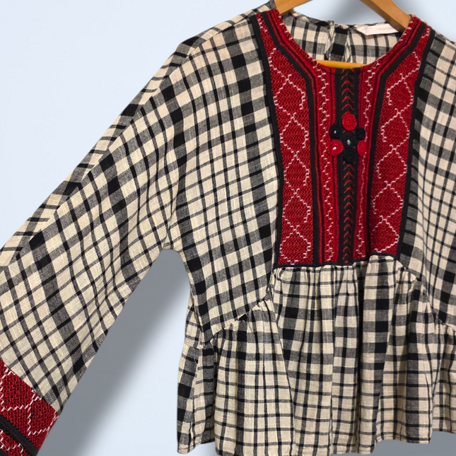 Zara Check Boho Blouse – Embroidered Detail – Size Small