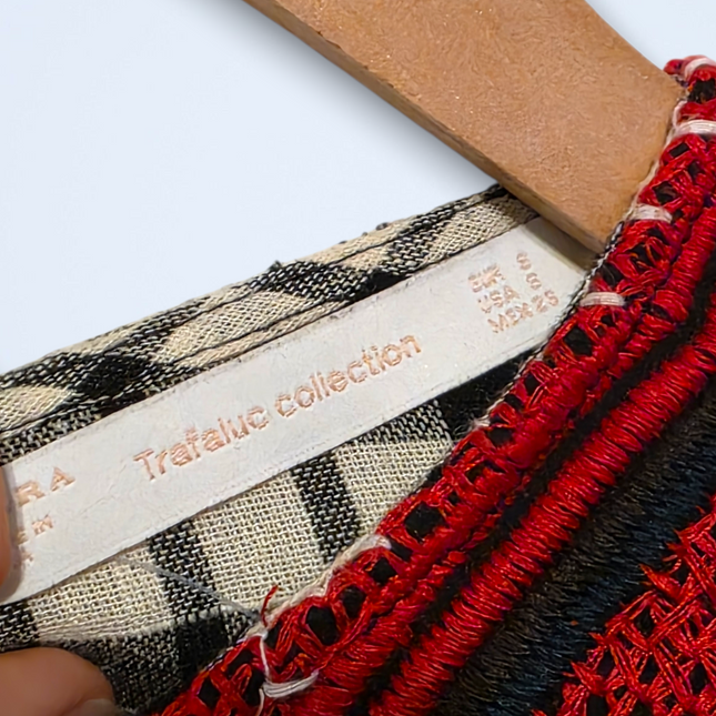 Zara Check Boho Blouse – Embroidered Detail – Size Small