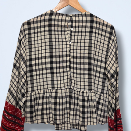 Zara Check Boho Blouse – Embroidered Detail – Size Small