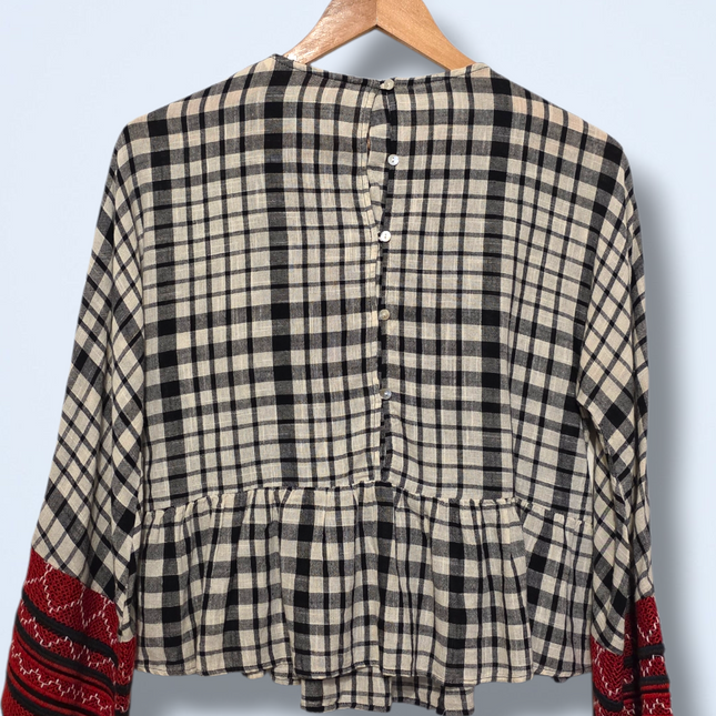 Zara Check Boho Blouse – Embroidered Detail – Size Small