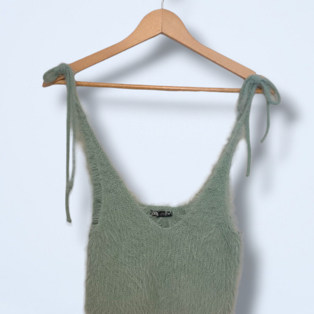 Zara Sage Green Fluffy Eyelash Knit Cropped Top Medium