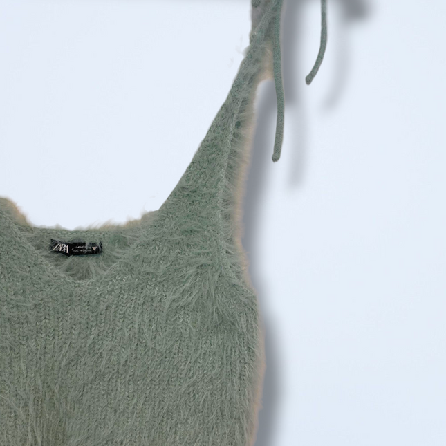Zara Sage Green Fluffy Eyelash Knit Cropped Top Medium
