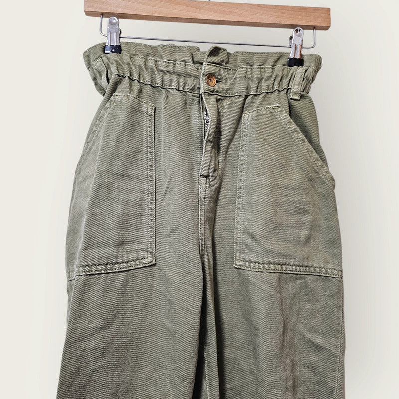 Zara Khaki Green Cargo Paper Bag Trousers UK 8