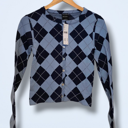 Iets Frans… Blue Argyle Printed Button Cardigan New Size Large