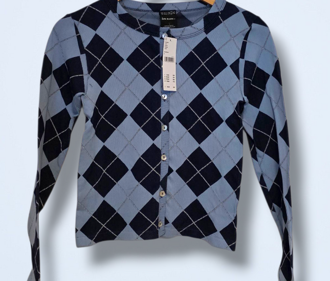 Iets Frans… Blue Argyle Printed Button Cardigan New Size Large