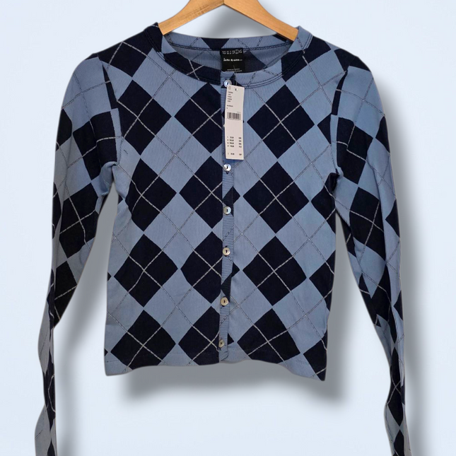 Iets Frans… Blue Argyle Printed Button Cardigan New Size Large